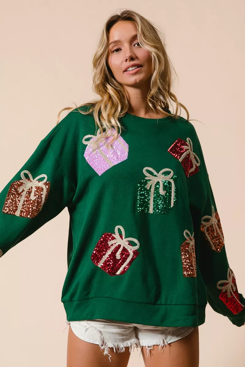 Trendsi BiBi Sequin Christmas Gift Box Embroideries Pullover