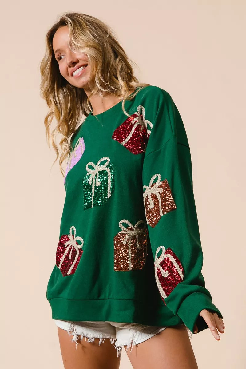 Trendsi BiBi Sequin Christmas Gift Box Embroideries Pullover