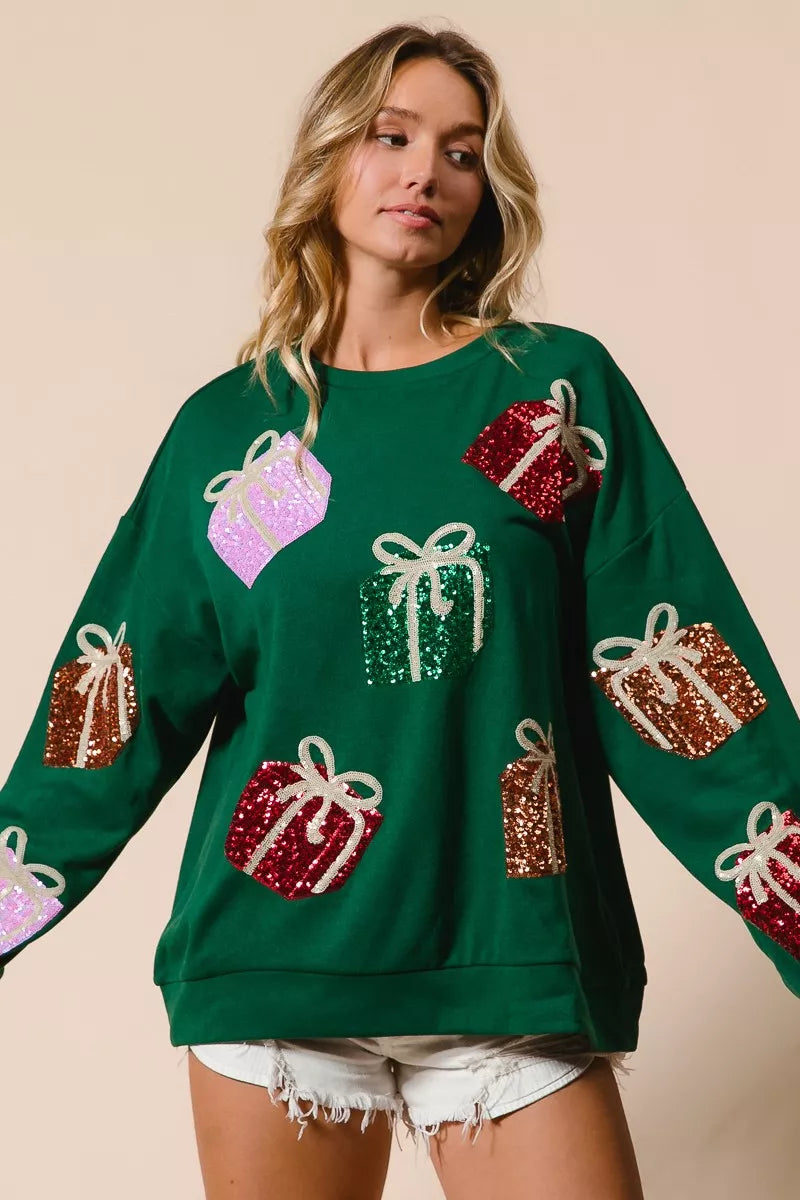 Trendsi BiBi Sequin Christmas Gift Box Embroideries Pullover