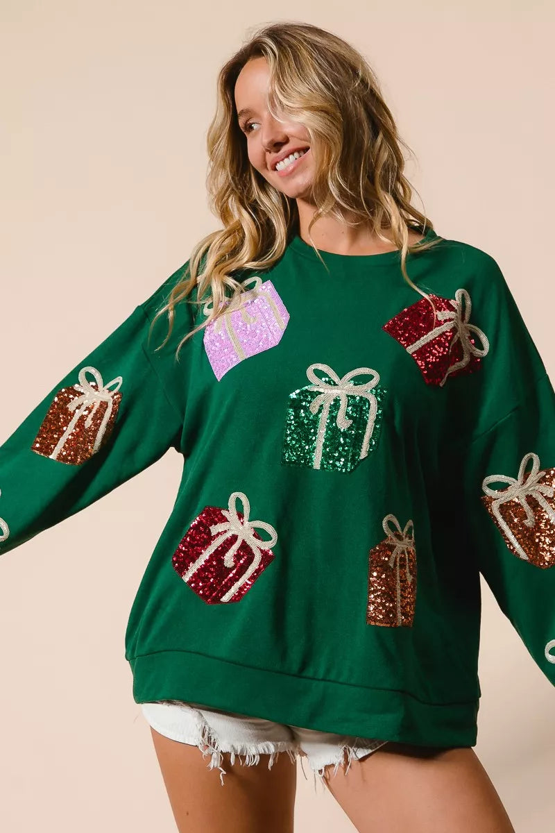 Trendsi BiBi Sequin Christmas Gift Box Embroideries Pullover