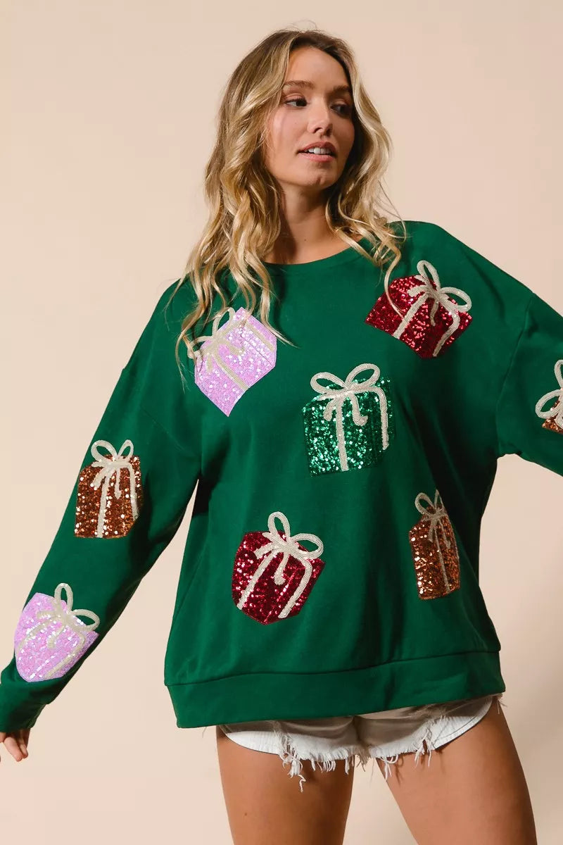 Trendsi BiBi Sequin Christmas Gift Box Embroideries Pullover