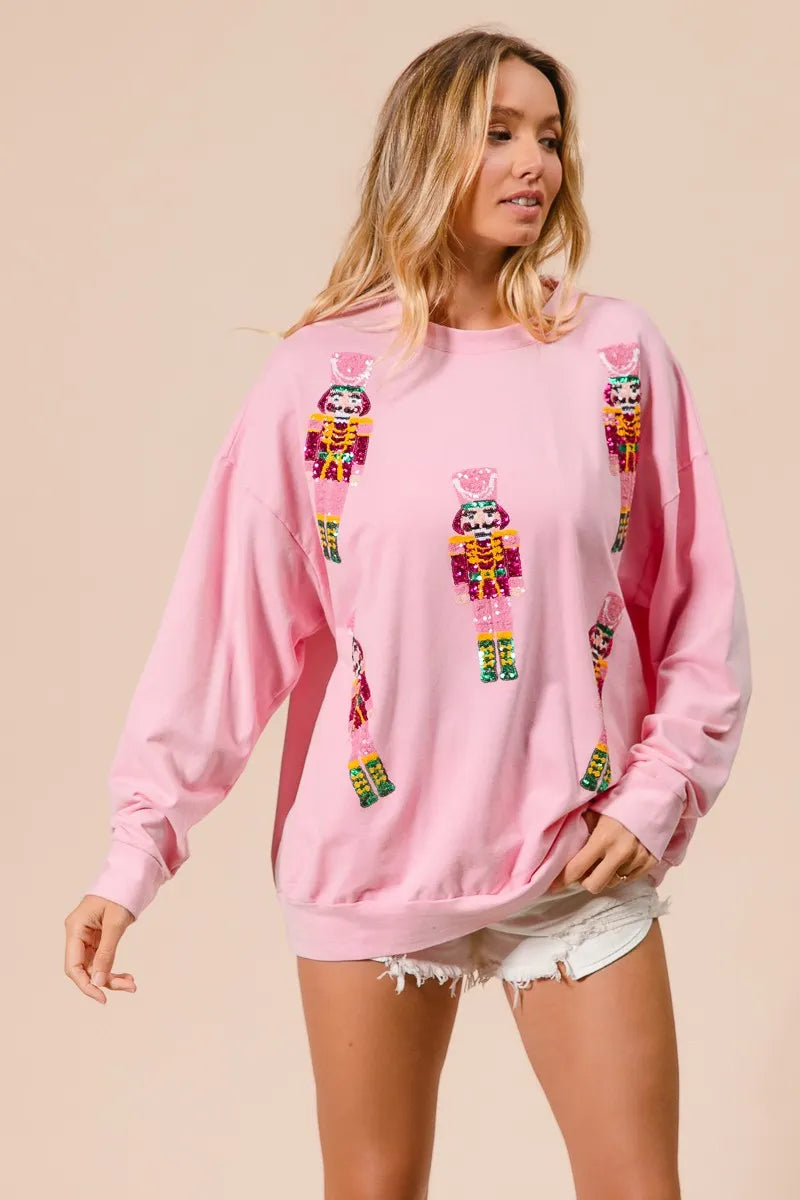 Trendsi BiBi Sequin Nutcrackers Embroidery Christmas Sweatshirt
