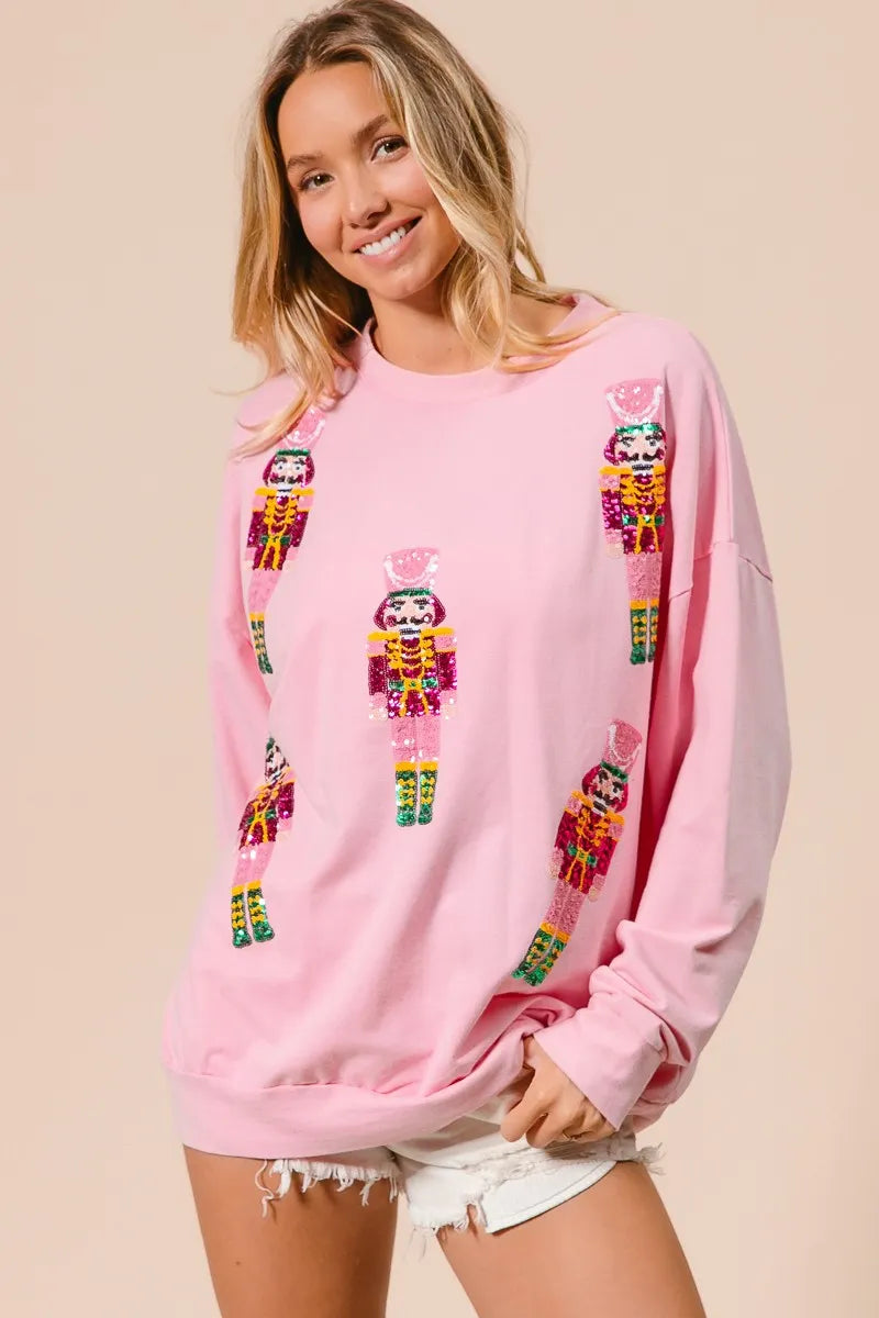 Trendsi BiBi Sequin Nutcrackers Embroidery Christmas Sweatshirt