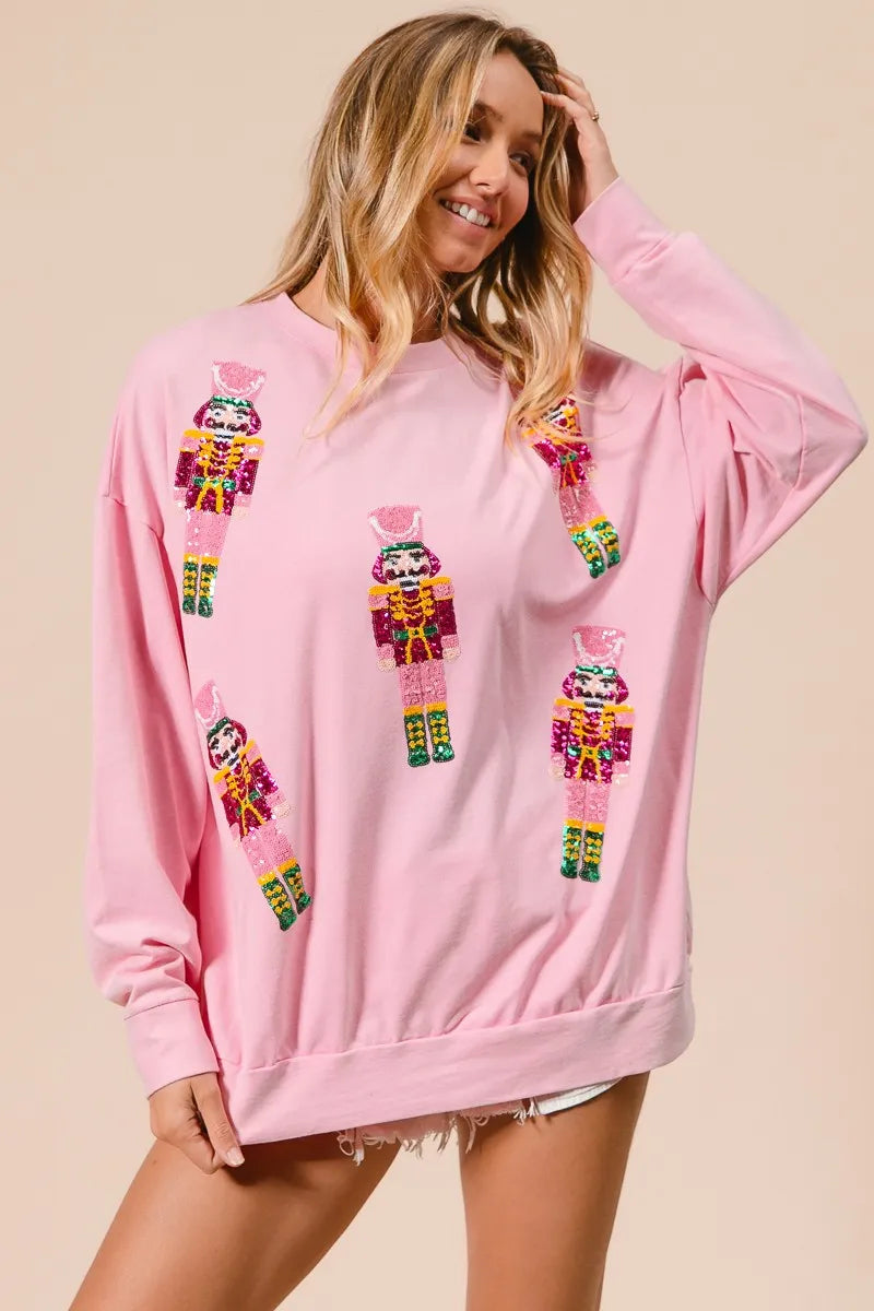 Trendsi BiBi Sequin Nutcrackers Embroidery Christmas Sweatshirt