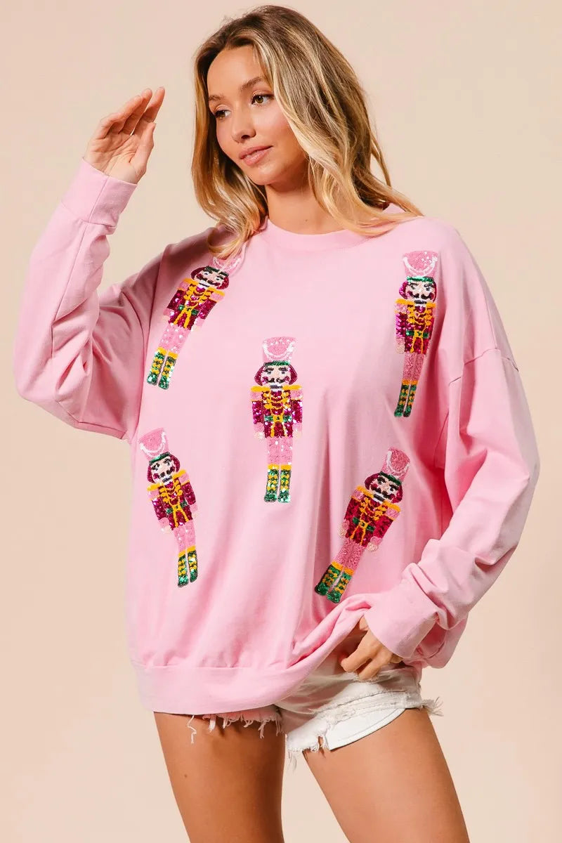 Trendsi BiBi Sequin Nutcrackers Embroidery Christmas Sweatshirt