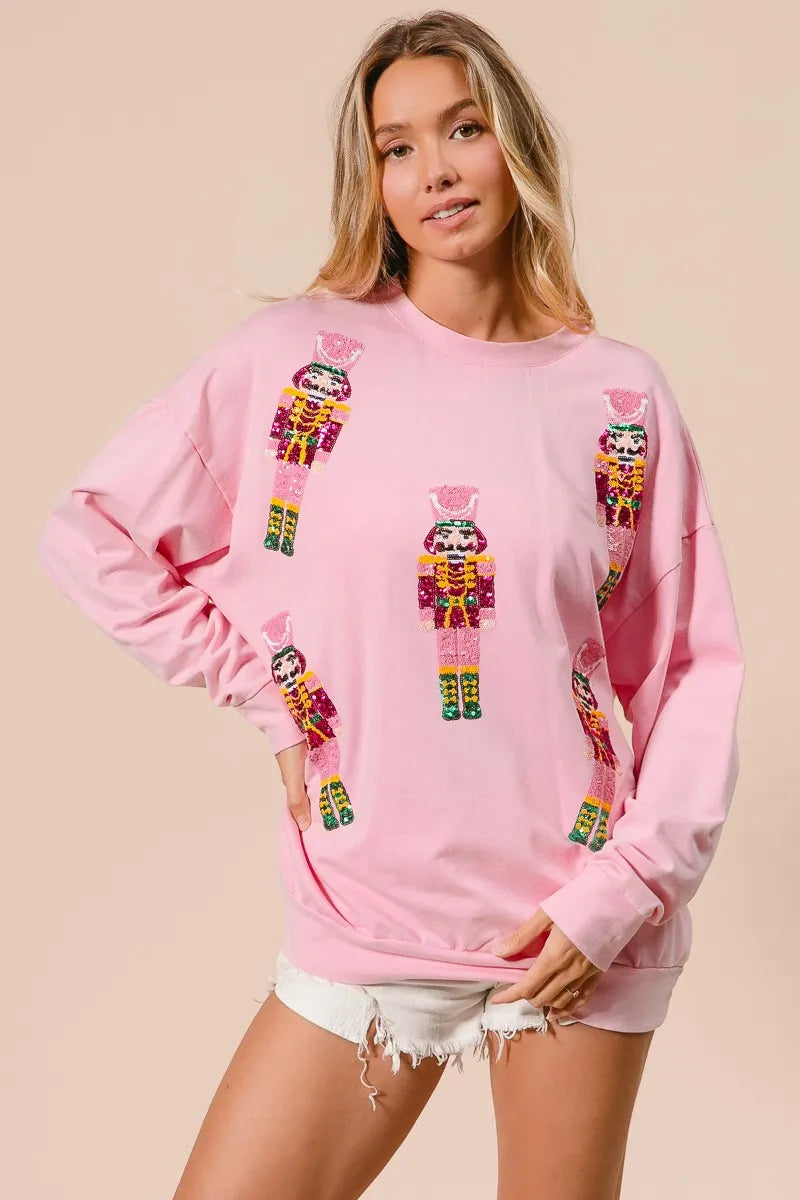 Trendsi BiBi Sequin Nutcrackers Embroidery Christmas Sweatshirt