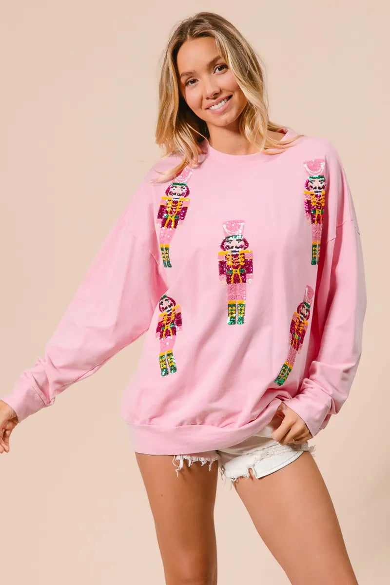 Trendsi BiBi Sequin Nutcrackers Embroidery Christmas Sweatshirt
