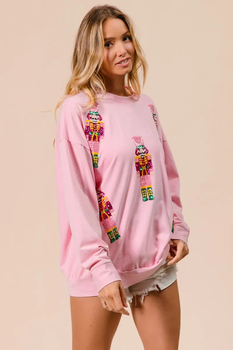 Trendsi BiBi Sequin Nutcrackers Embroidery Christmas Sweatshirt
