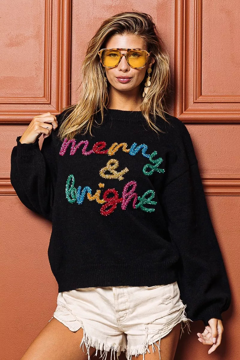 Trendsi BiBi Tinsel Lettering Christmas Sweater