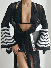 Trendsi Black / One Size Openwork Striped Flare Sleeve Cover-Up
