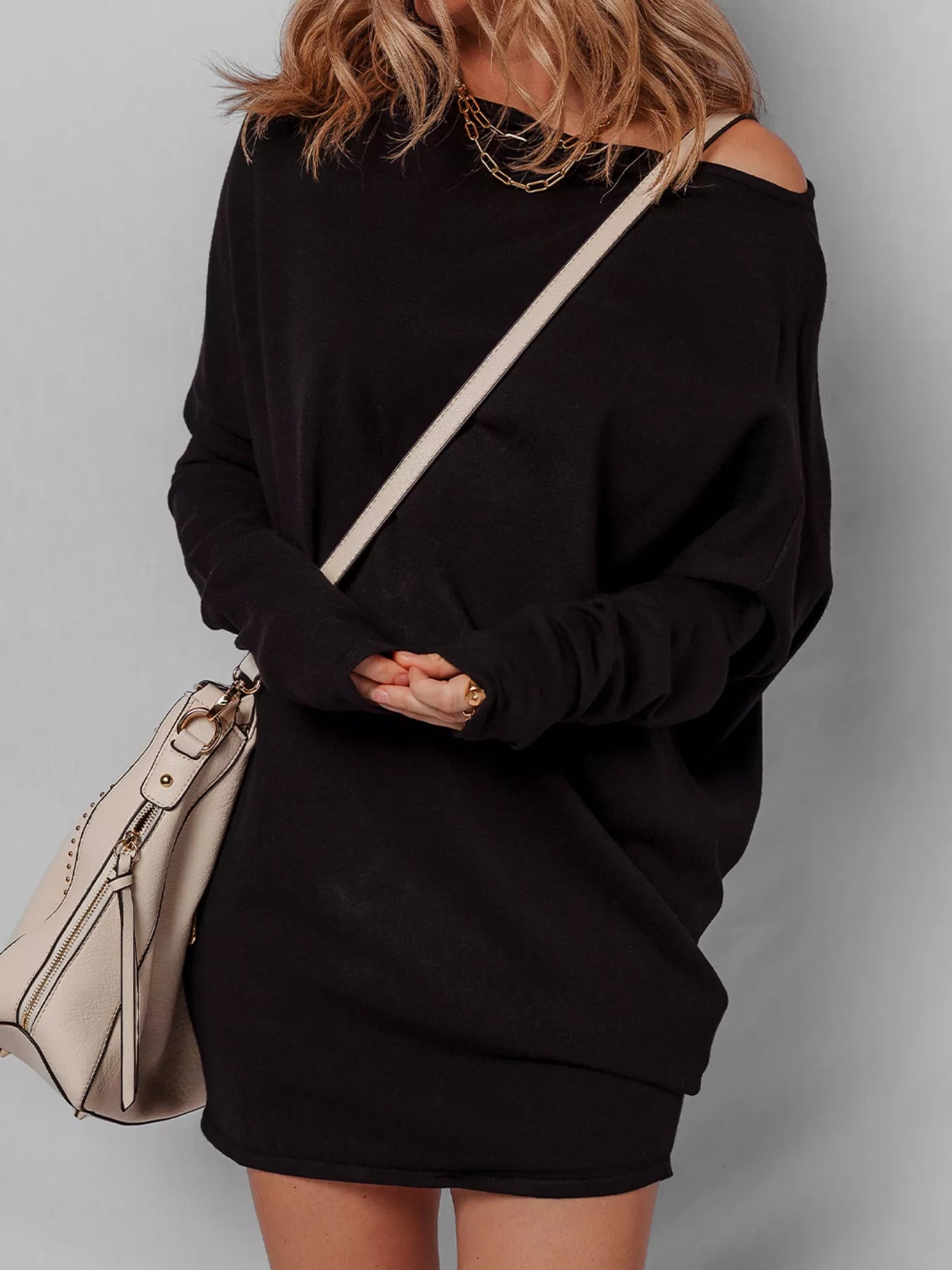 Trendsi Black / S Asymmetric Neck Batwing Sleeve Shift Mini Sweater Dress