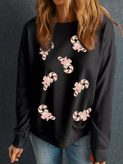 Trendsi Black / S Christmas Candy Cane Sequin Patch Baggy Sweatshirt