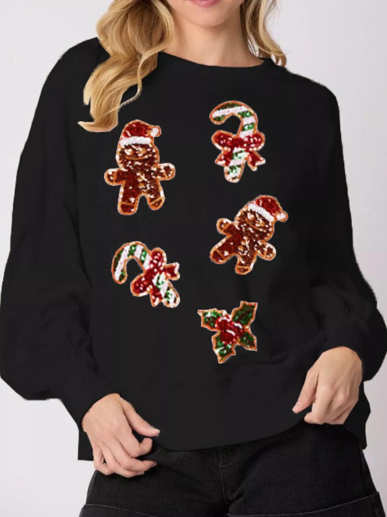 Trendsi Black / S Christmas Holiday Sequined Gingerbread Sweatshirt