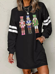 Trendsi Black / S Christmas Sequin Nutcracker-man Graphic Varsity Striped Sleeve Sweatshirt Dress
