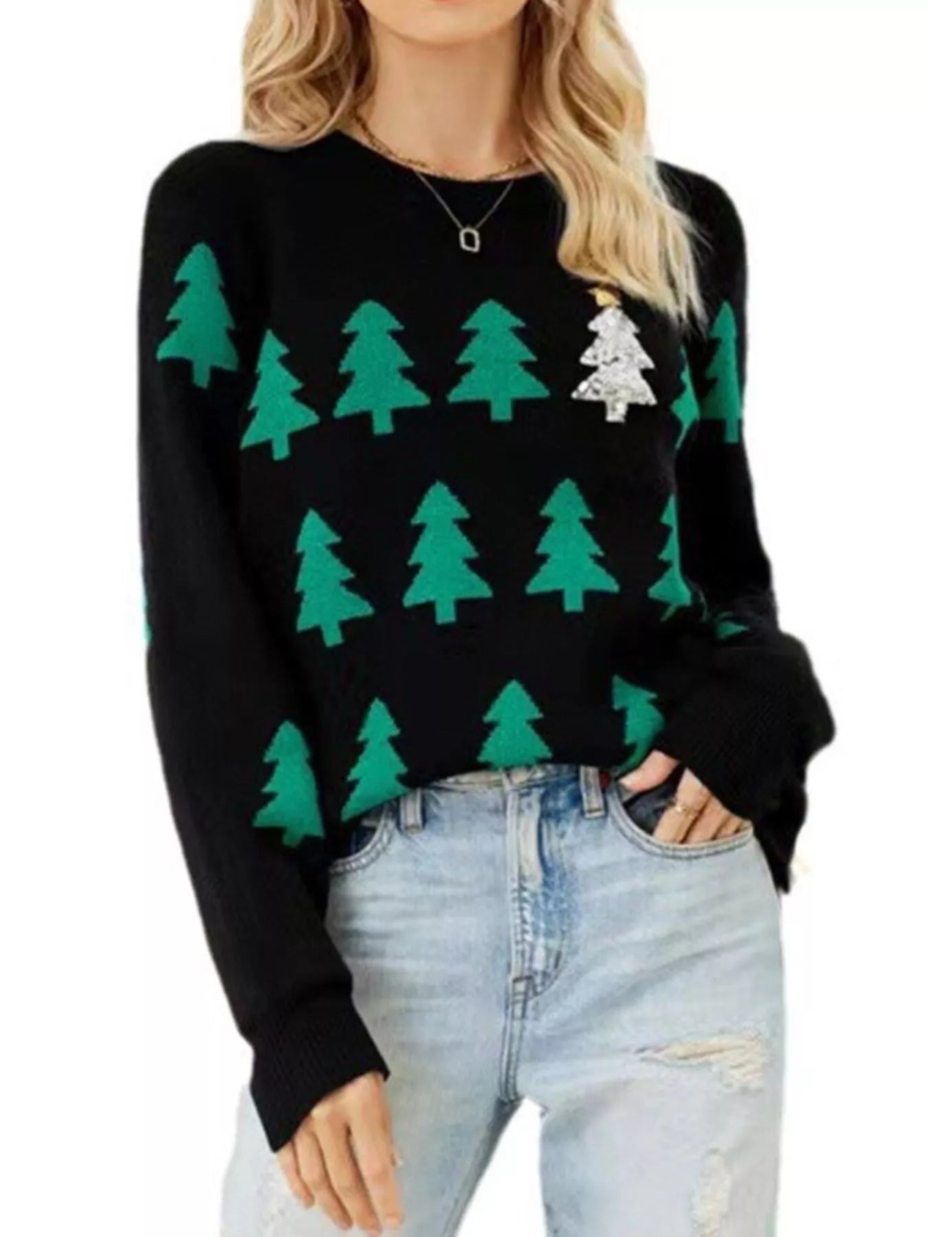 Trendsi Black / S Christmas Tree Pattern Long Sleeve Sweater