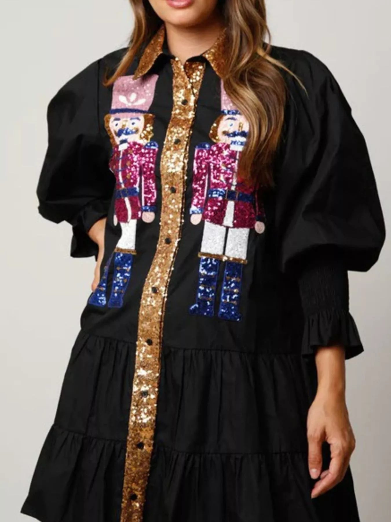 Trendsi Black / S Full Size Christmas Sequin Nutcracker Tiered Shirt Dress Plus Size