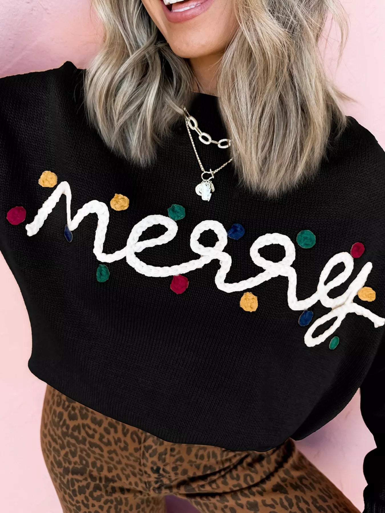 Trendsi Black / S Merry Round Neck Christmas Sweater
