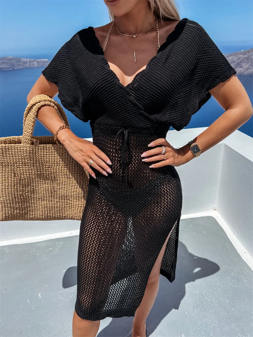 Trendsi Black / S Slit Surplice Cap Sleeve Cover Up