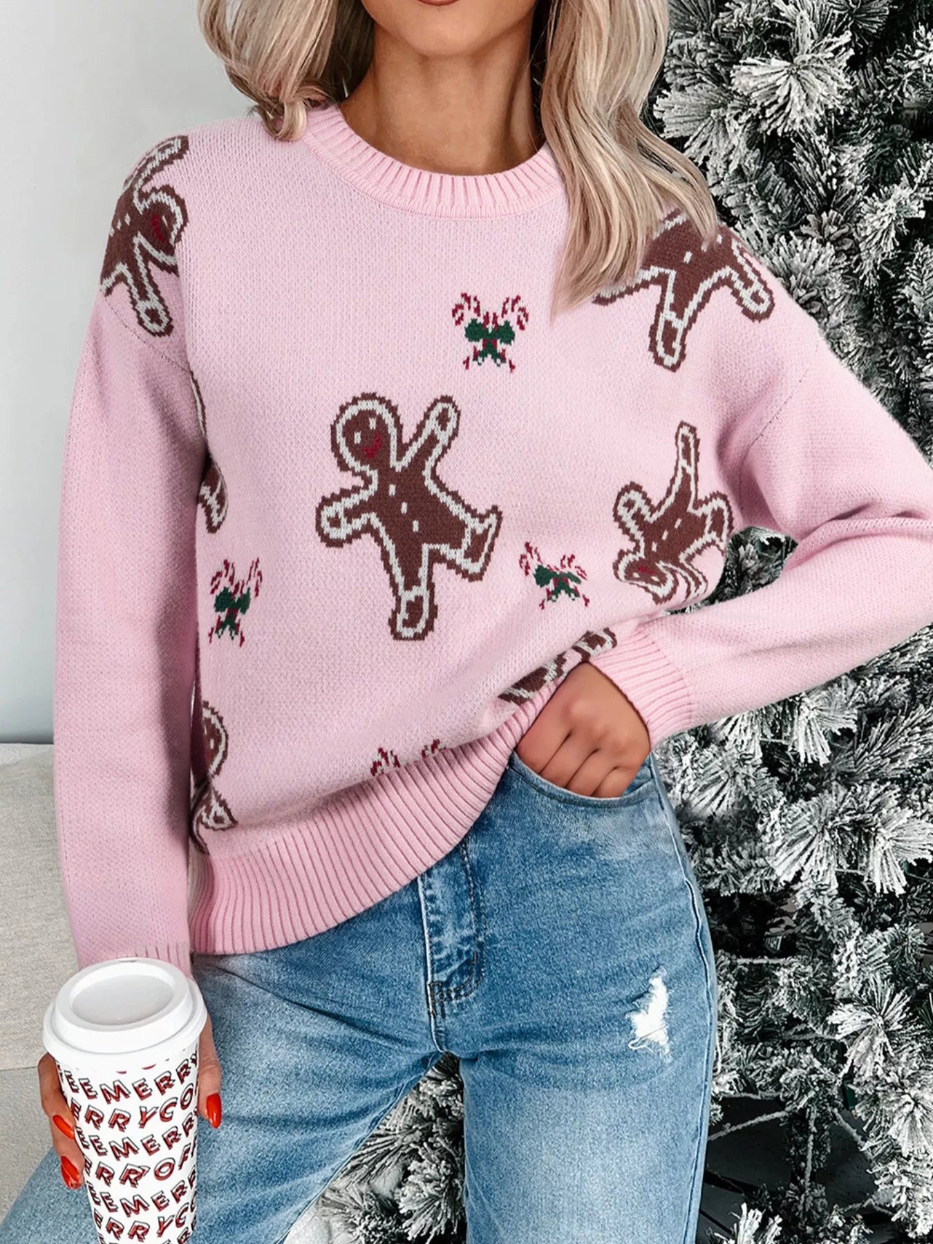 Trendsi Blush Pink / S Christmas Ginger Bread Man Round Neck Casual Sweater