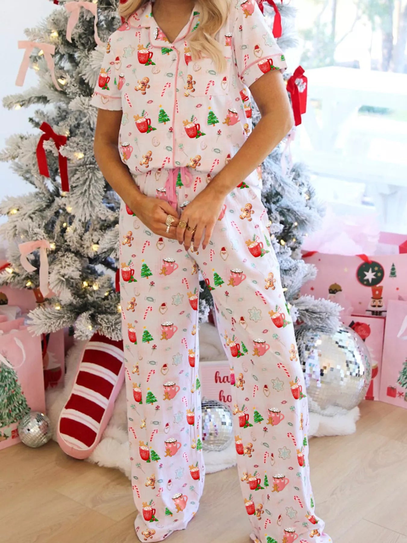 Trendsi Blush Pink / S Christmas Spirit Cute Holiday Print Short Sleeve Shirt and Pants 2pcs Pajama Set