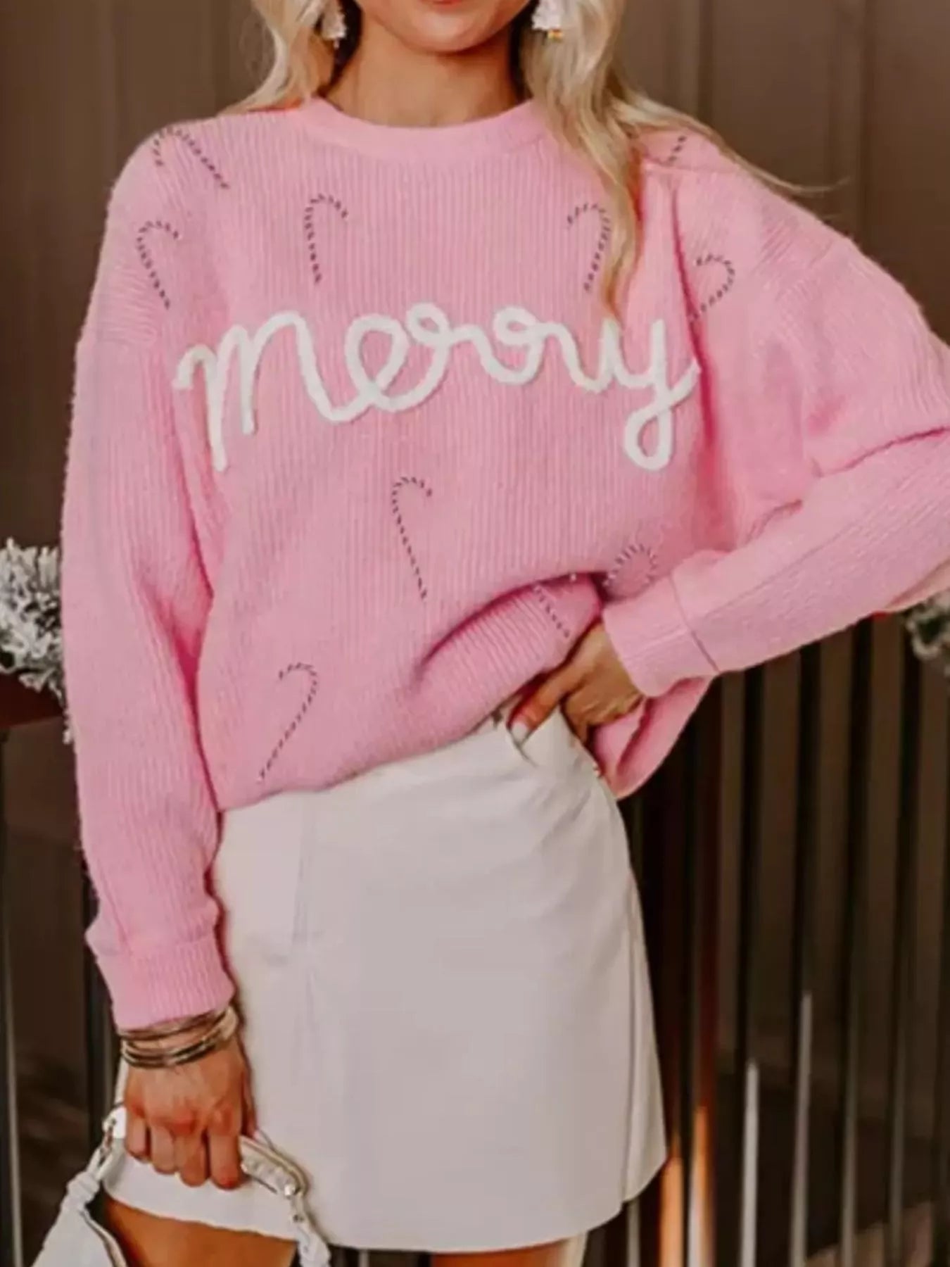 Trendsi Blush Pink / S Merry Candy Cane Christmas Crew Neck Sweater