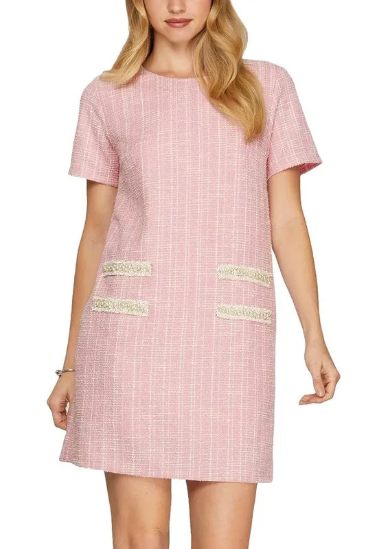 Trendsi Blush Pink / S She + Sky Full Size Short Sleeve Pearl Studded Trim Knit Tweed Dress Plus Size