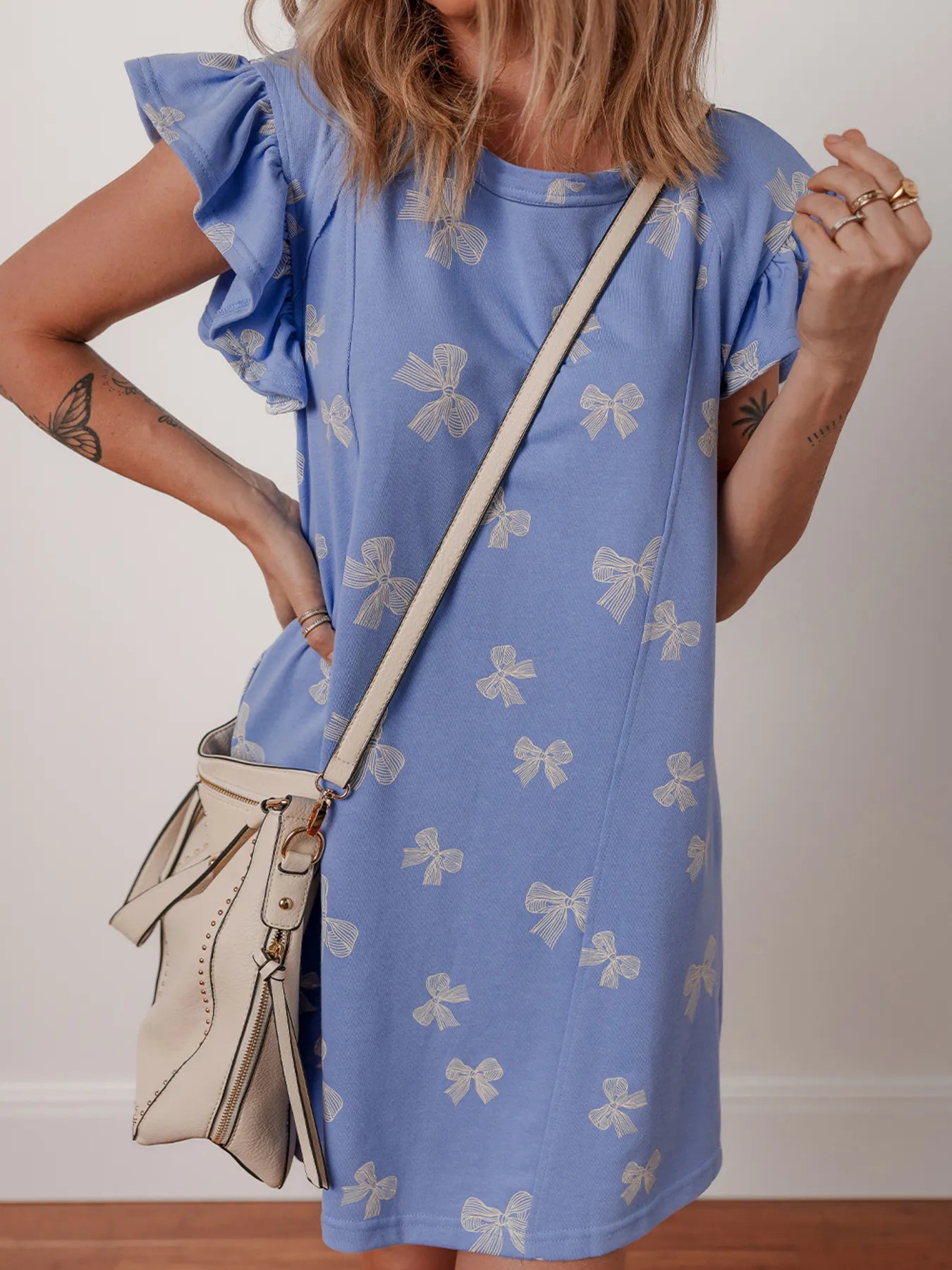 Trendsi Bow Knot Print Crewneck Ruffled Sleeve Shift Mini Dress