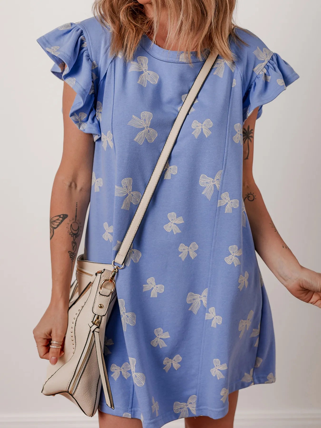 Trendsi Bow Knot Print Crewneck Ruffled Sleeve Shift Mini Dress