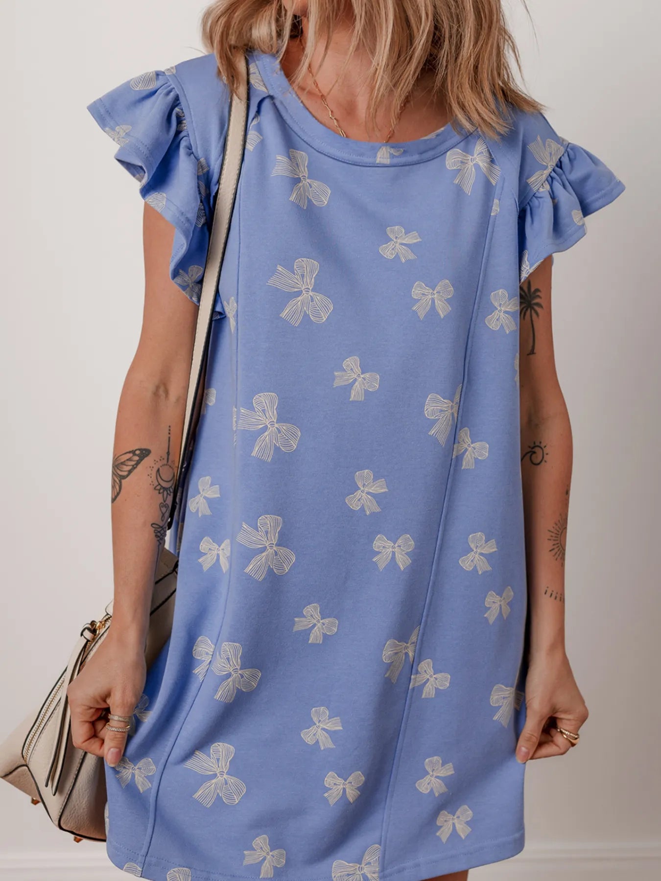 Trendsi Bow Knot Print Crewneck Ruffled Sleeve Shift Mini Dress