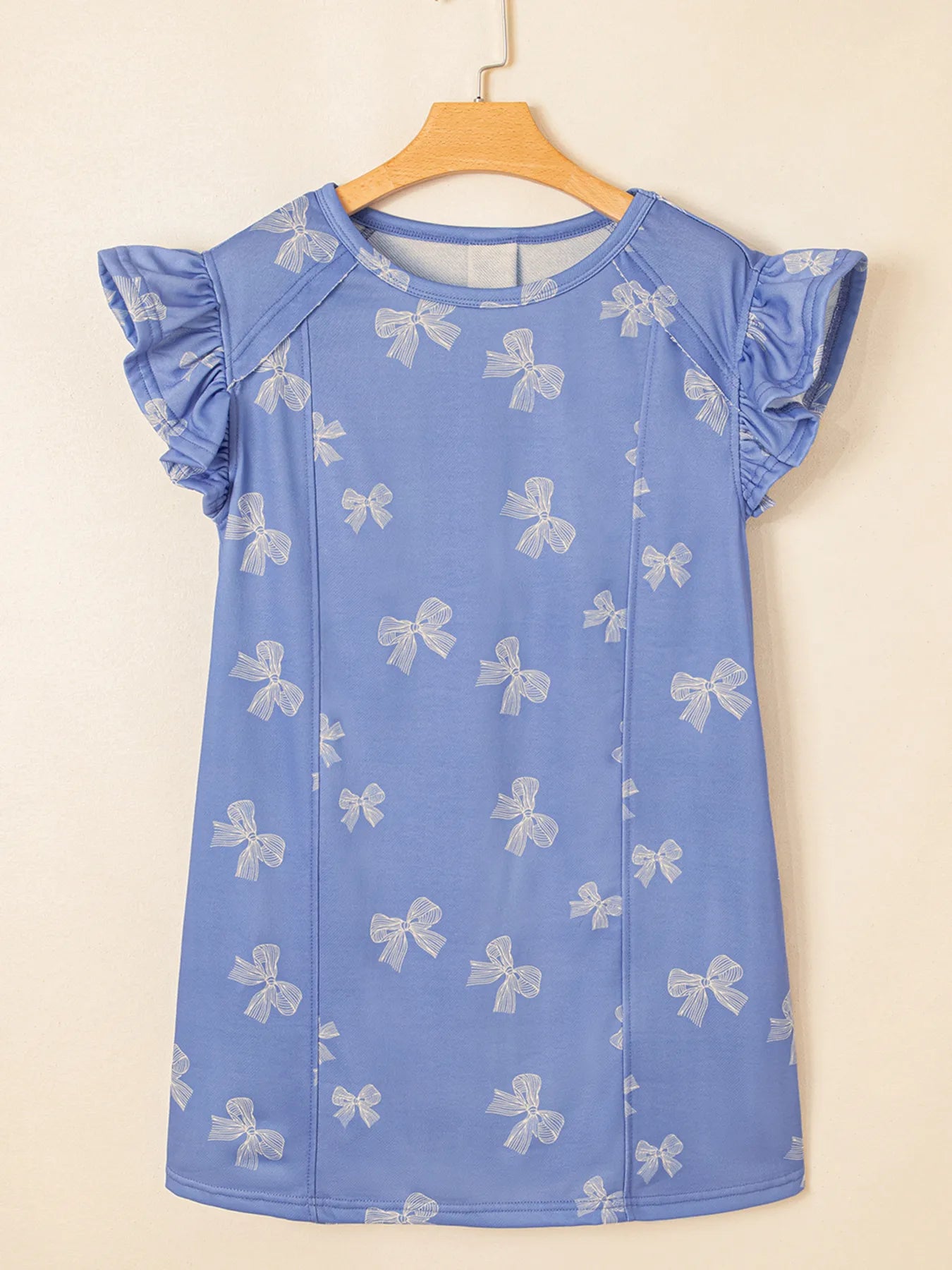 Trendsi Bow Knot Print Crewneck Ruffled Sleeve Shift Mini Dress