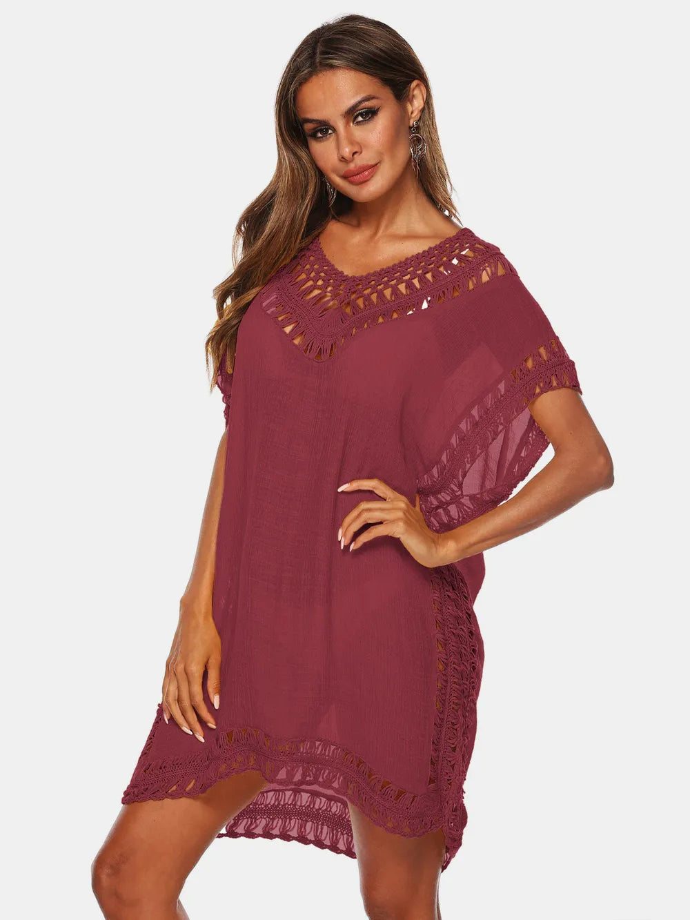 Trendsi Burgundy / One Size Cutout V-Neck Short Sleeve Cover-Up