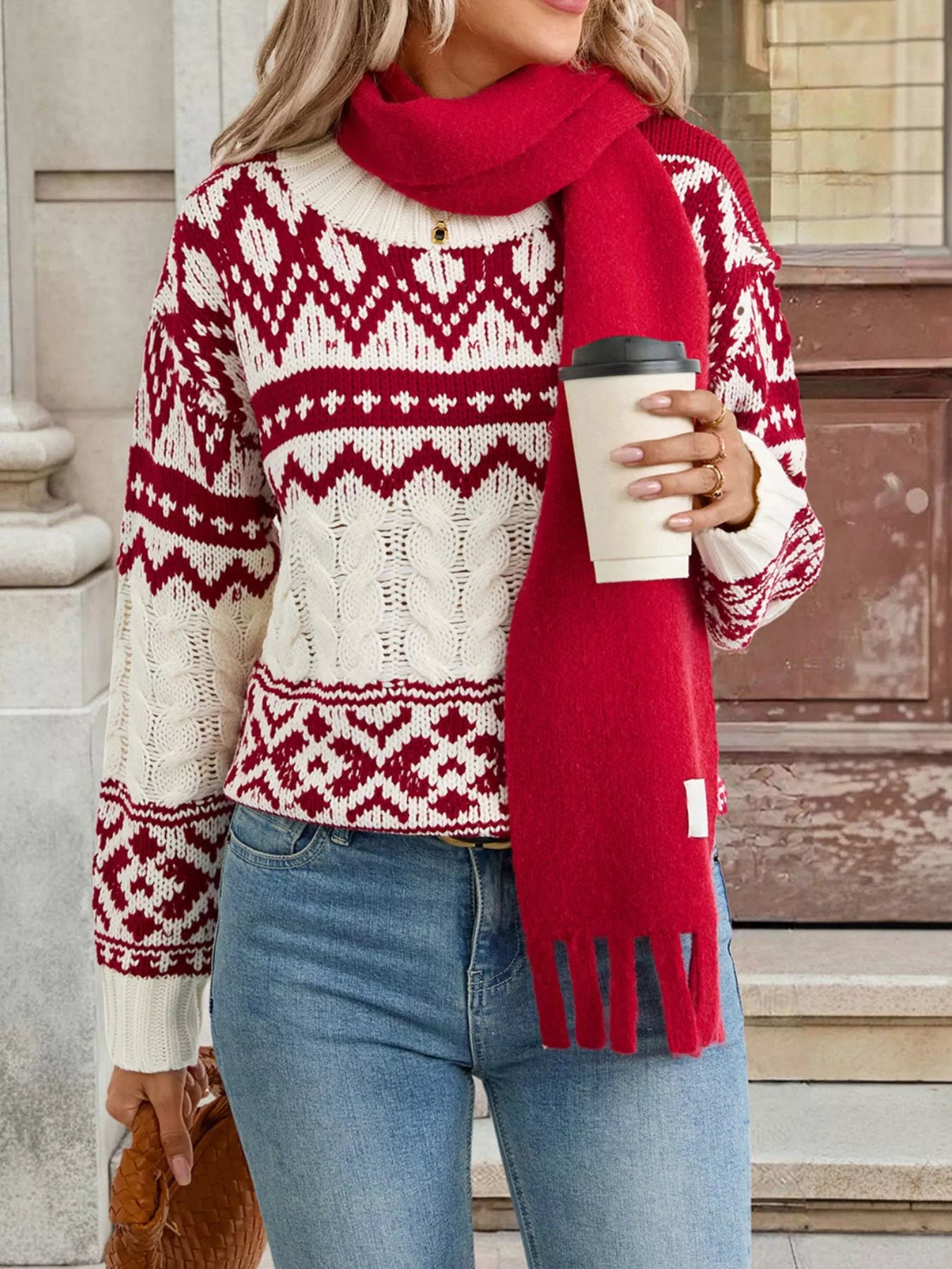Trendsi Burgundy / S Christmas Cable Knit Long Sleeve Sweater