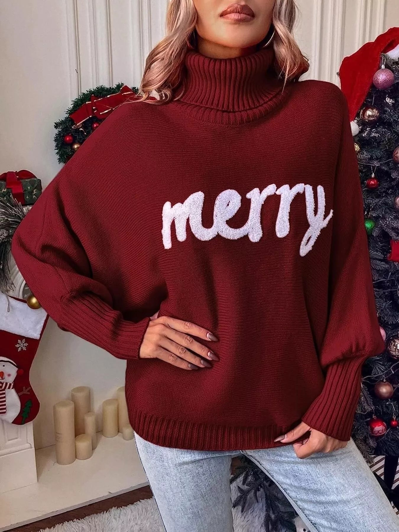 Trendsi Burgundy / S Merry Turtleneck Long Sleeve Christmas Sweater