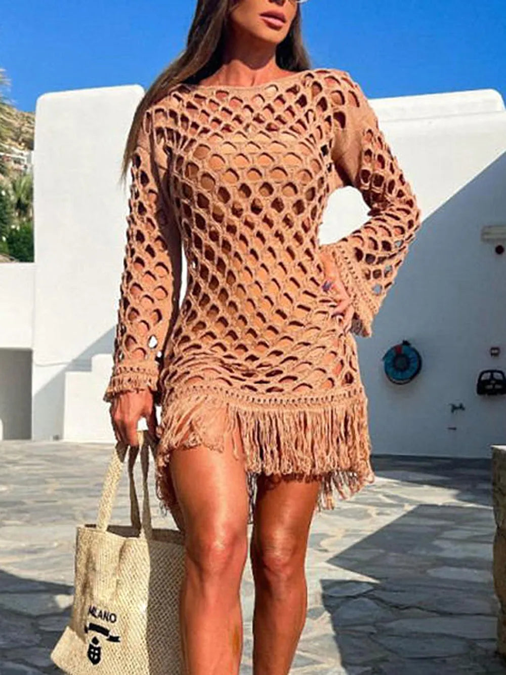 Trendsi Caramel / S Fringe Cutout Long Sleeve Cover Up