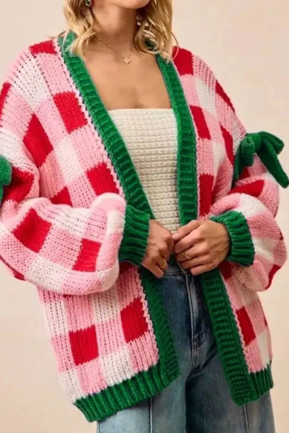 Trendsi Checkered Bow-Tie Sleeve Knit Christmas Cardigan