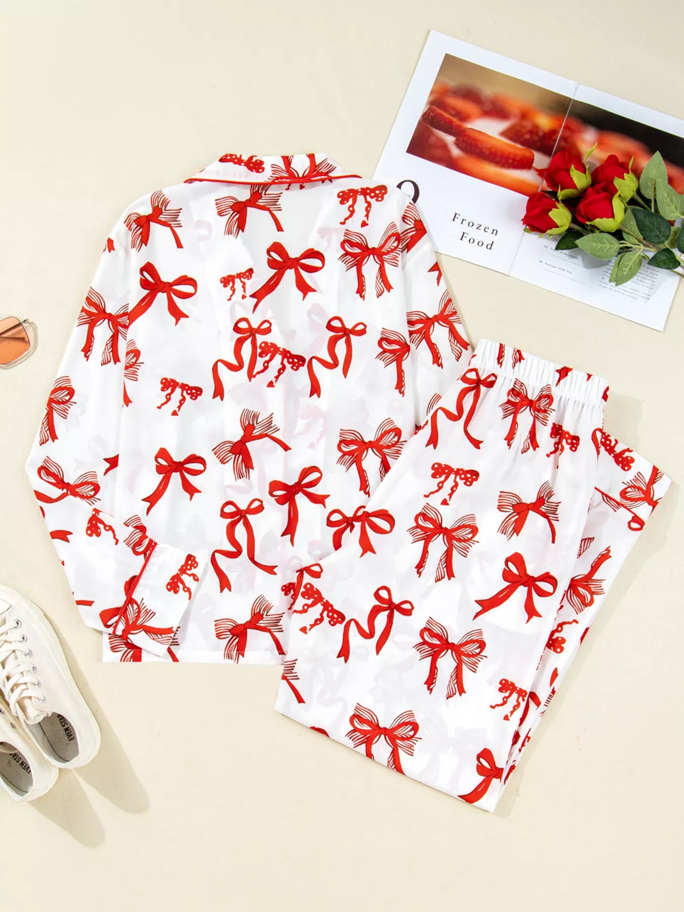 Trendsi Christmas Bow Print Top and Pants 2pcs Pajama Set