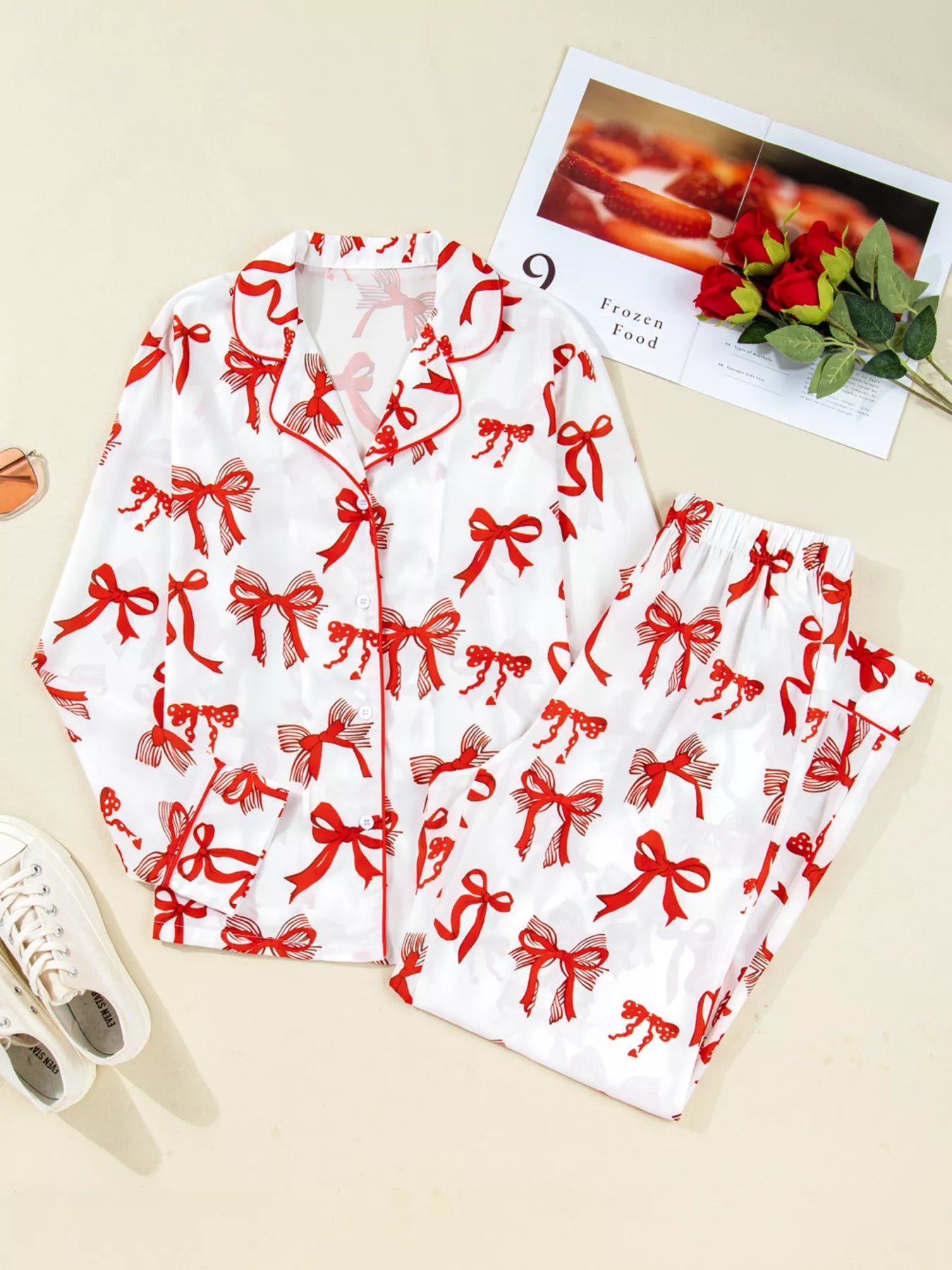 Trendsi Christmas Bow Print Top and Pants 2pcs Pajama Set