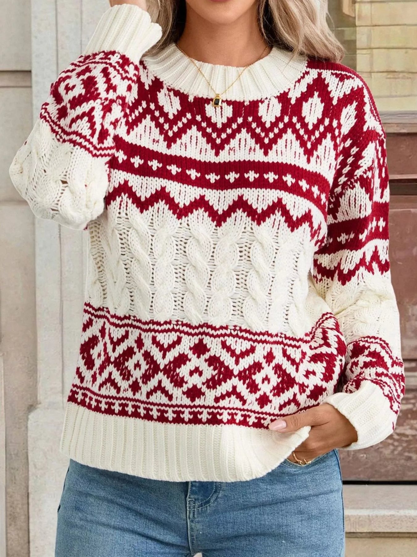 Trendsi Christmas Cable Knit Long Sleeve Sweater