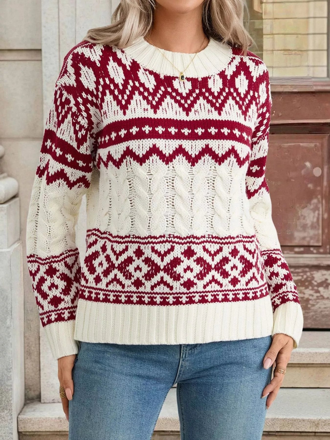 Trendsi Christmas Cable Knit Long Sleeve Sweater