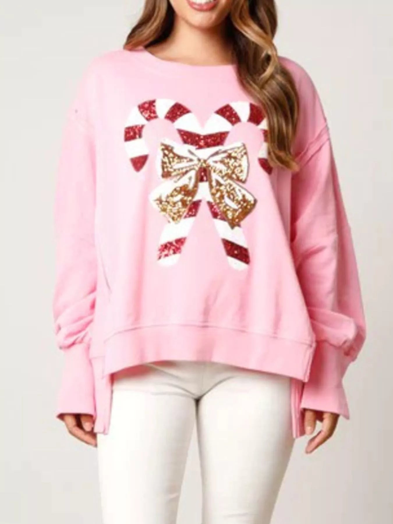 Trendsi Christmas Candy Cane Bow Dropped Shoulder Sweatshirt
