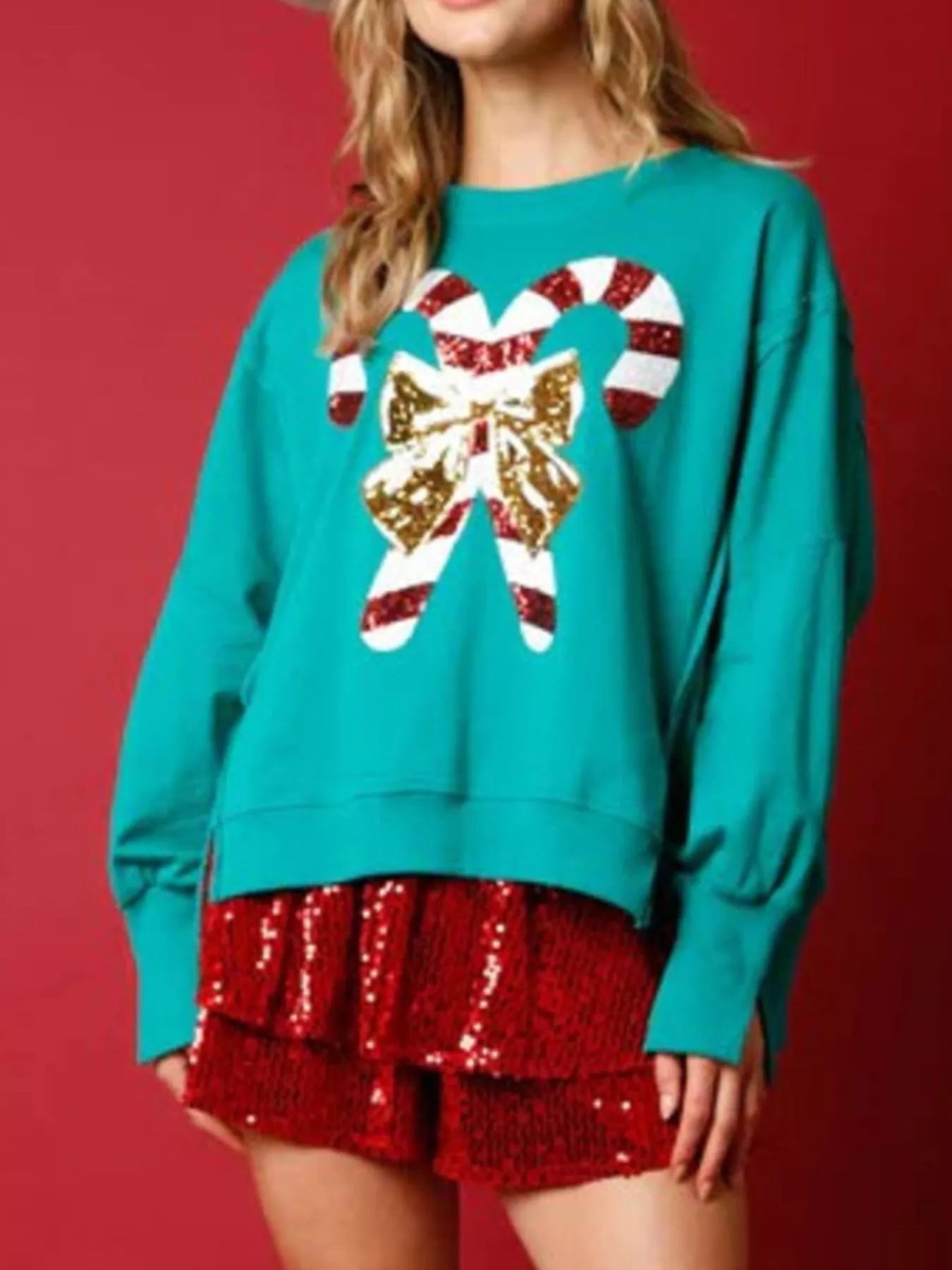 Trendsi Christmas Candy Cane Bow Dropped Shoulder Sweatshirt