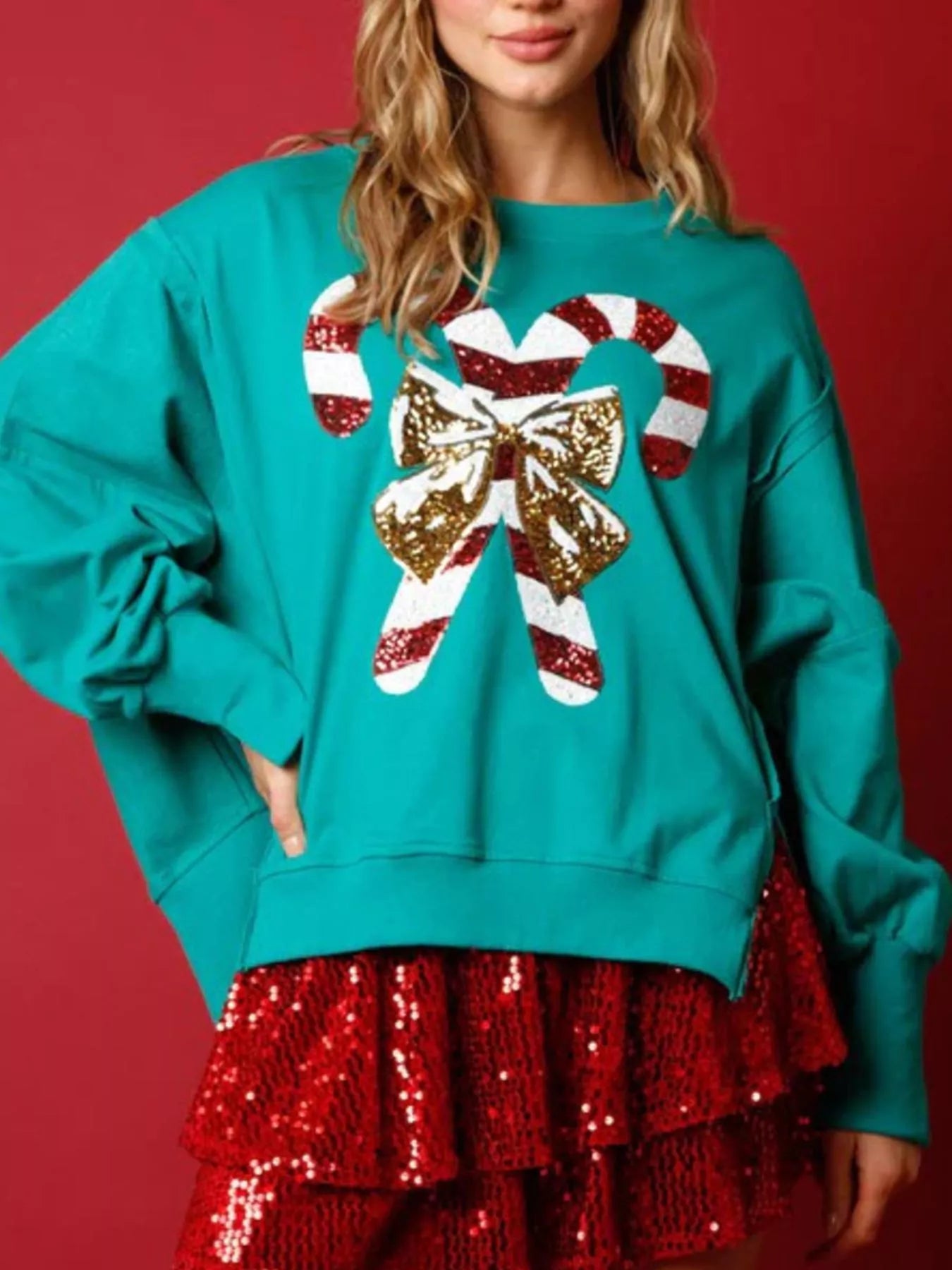 Trendsi Christmas Candy Cane Bow Dropped Shoulder Sweatshirt