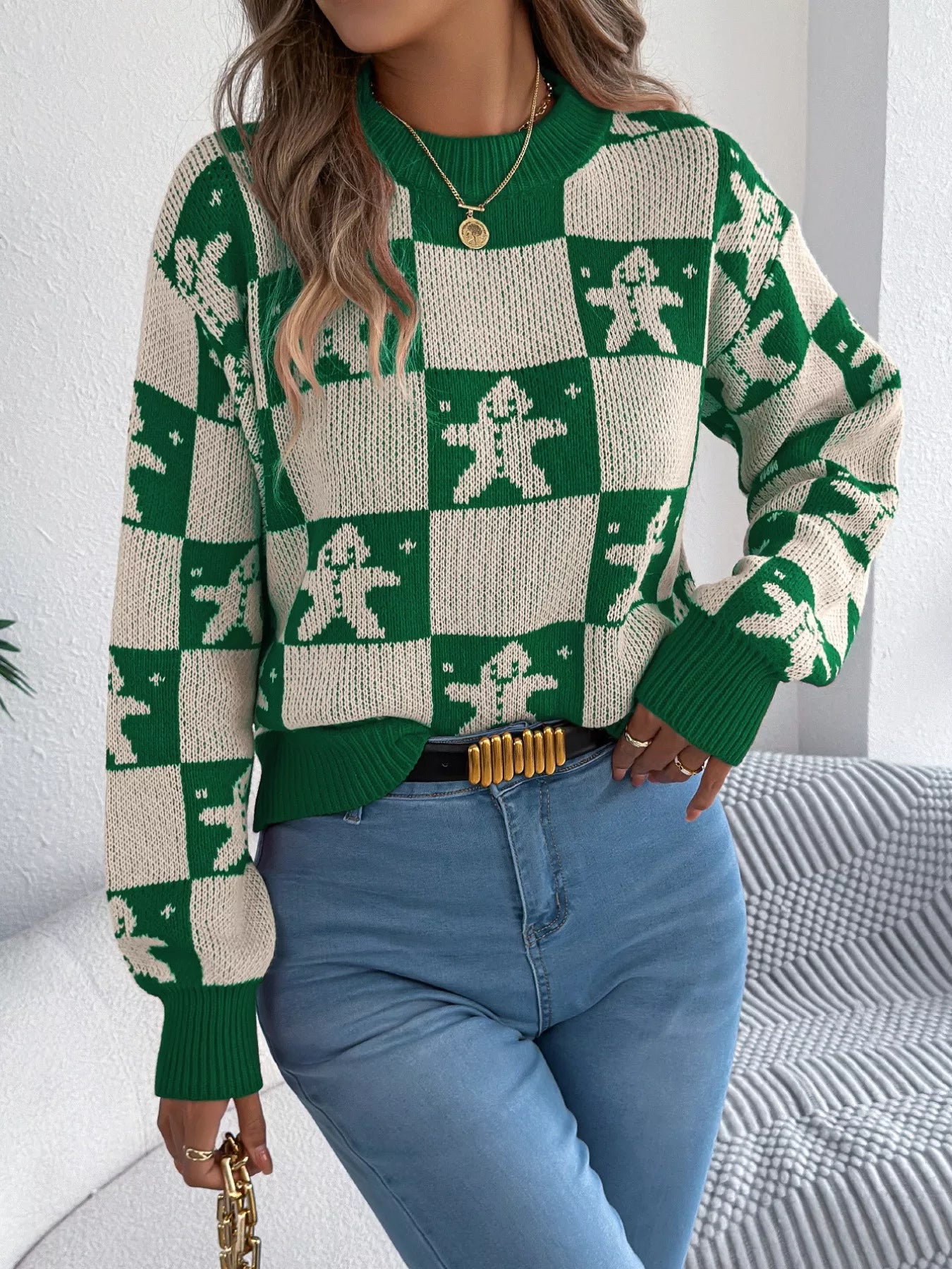 Trendsi Christmas Checkerboard Gingerbread Round Neck Sweater