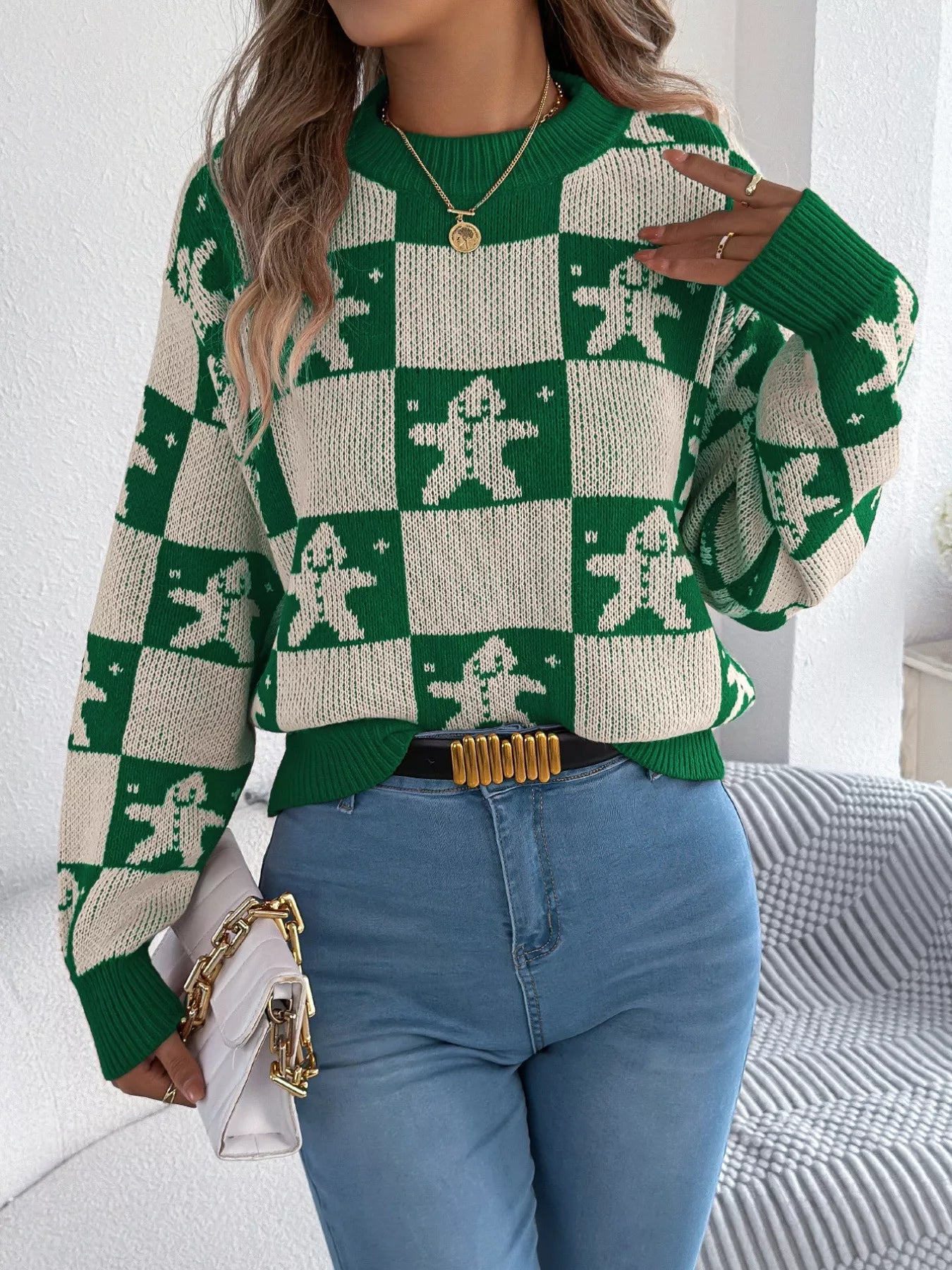 Trendsi Christmas Checkerboard Gingerbread Round Neck Sweater