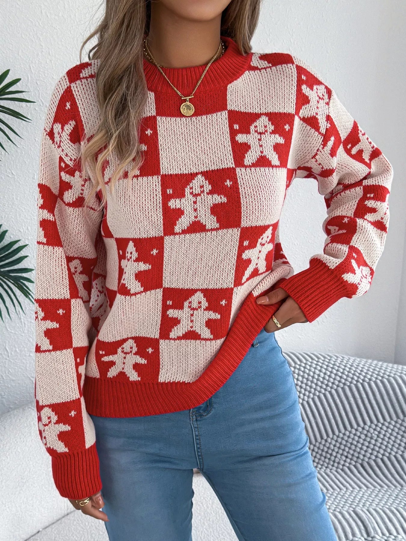 Trendsi Christmas Checkerboard Gingerbread Round Neck Sweater