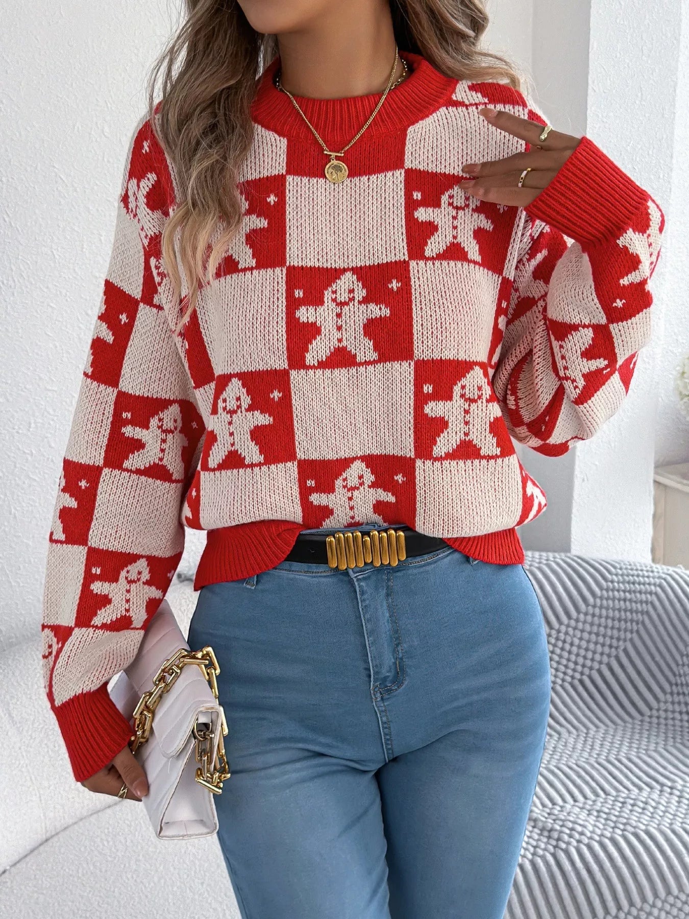 Trendsi Christmas Checkerboard Gingerbread Round Neck Sweater