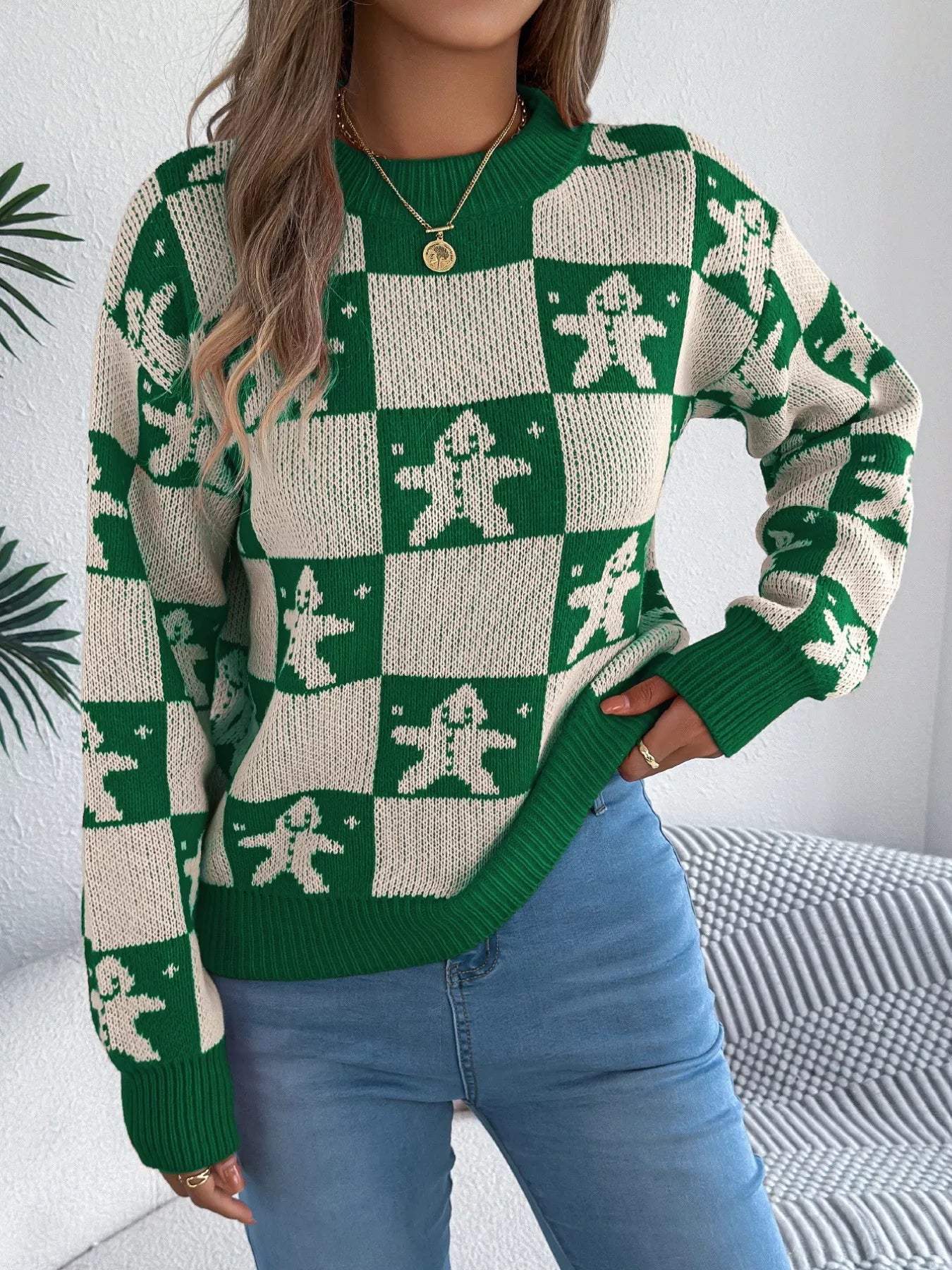 Trendsi Christmas Checkerboard Gingerbread Round Neck Sweater