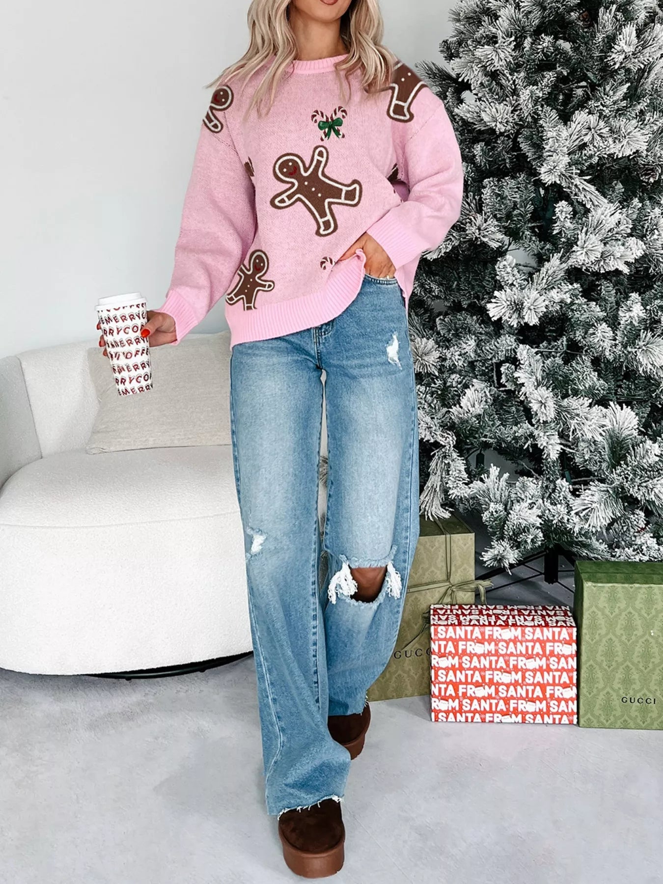 Trendsi Christmas Ginger Bread Man Round Neck Casual Sweater