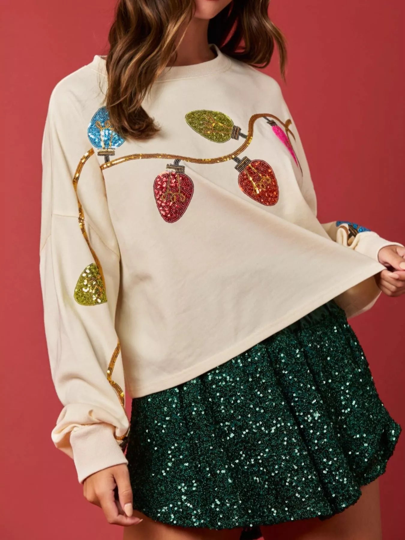 Trendsi Christmas Holiday Lights Sequin Embellished Sweatshirt