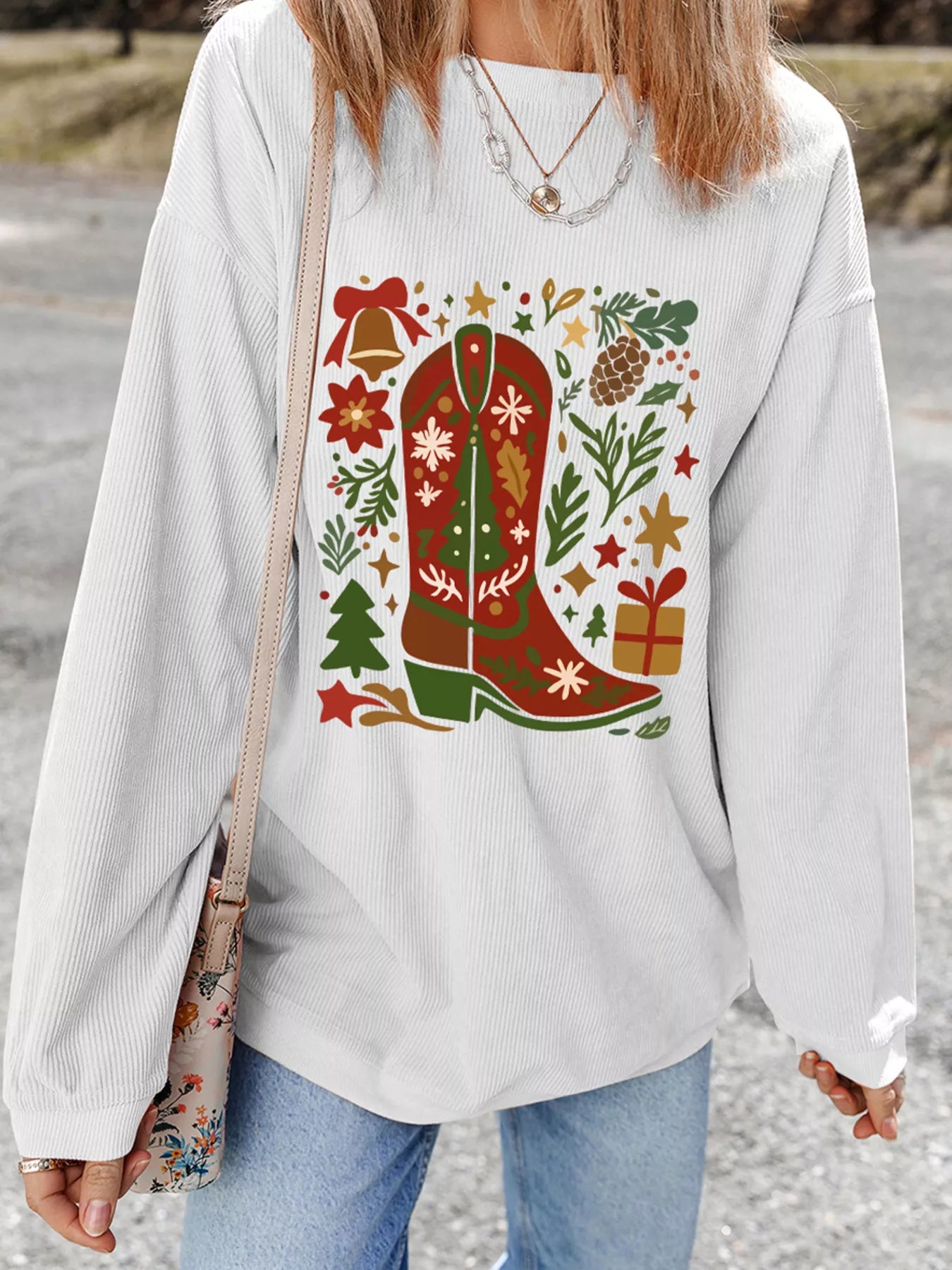 Trendsi Christmas Leafy Boot Printed Corded Rib Drop Shoulder Sweatshirt
